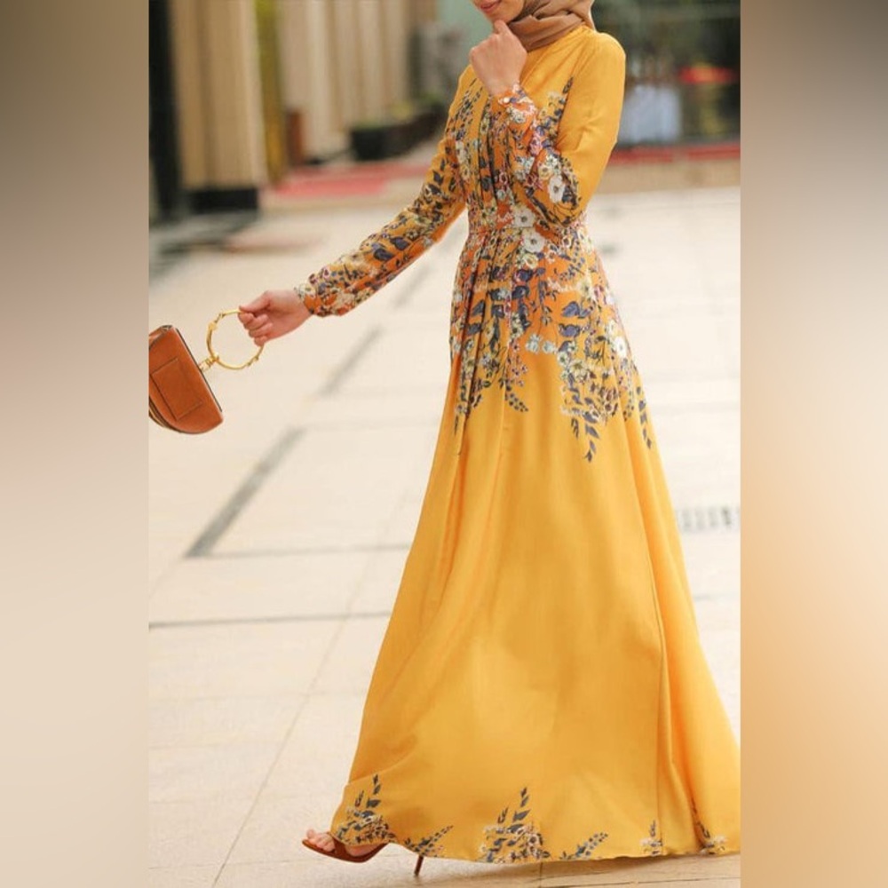Modest Mustard Floral Maxi Dress with Long Sleeves